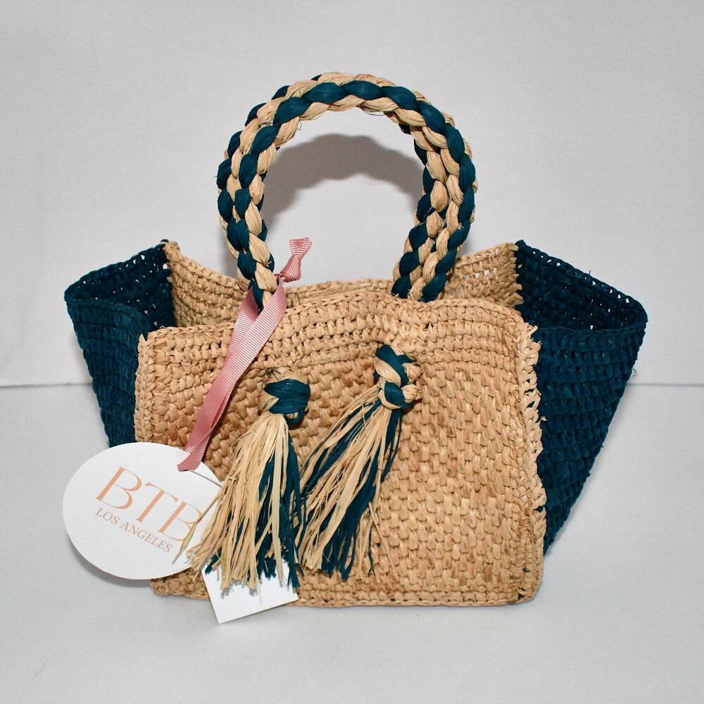 BTB Los Angeles Lucas Mini Tassel Raffia Tote Bag in Turquoise -BGSS2449 NWT Det